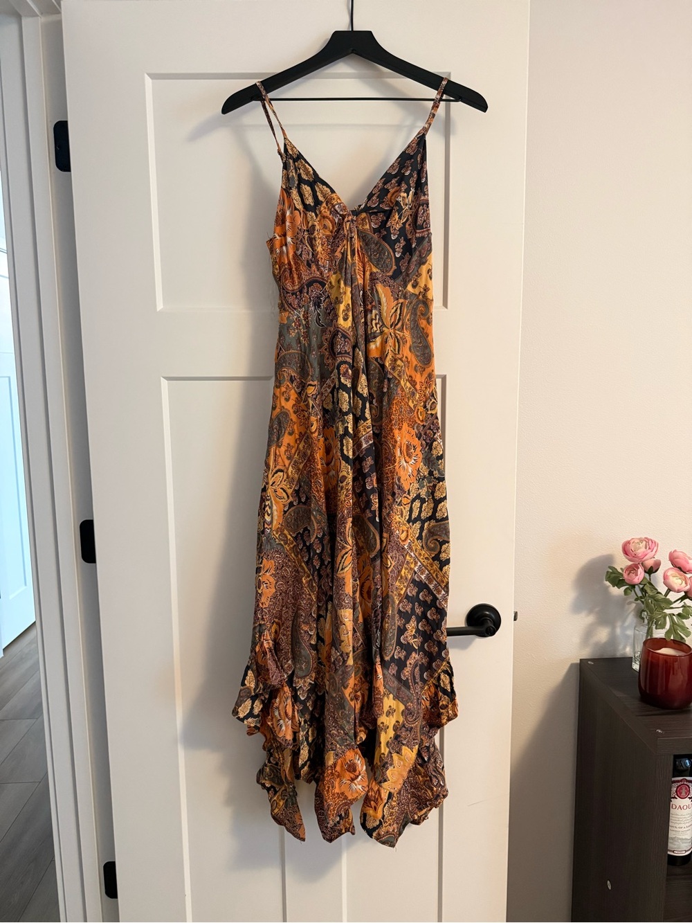 Angie Boho Paisley High-Low Slip Dress in Mustard and Brown